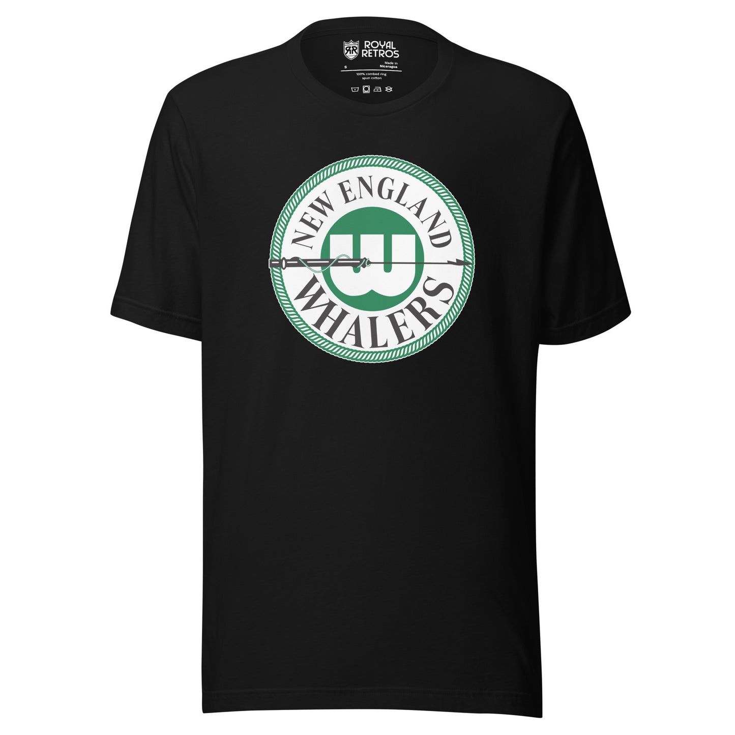 New England Whalers WHA T-shirt. Black. Circular logo with green outline. New England above in circle, Whalers below. W on green background in center of circle with black harpoon across. Royal Retros