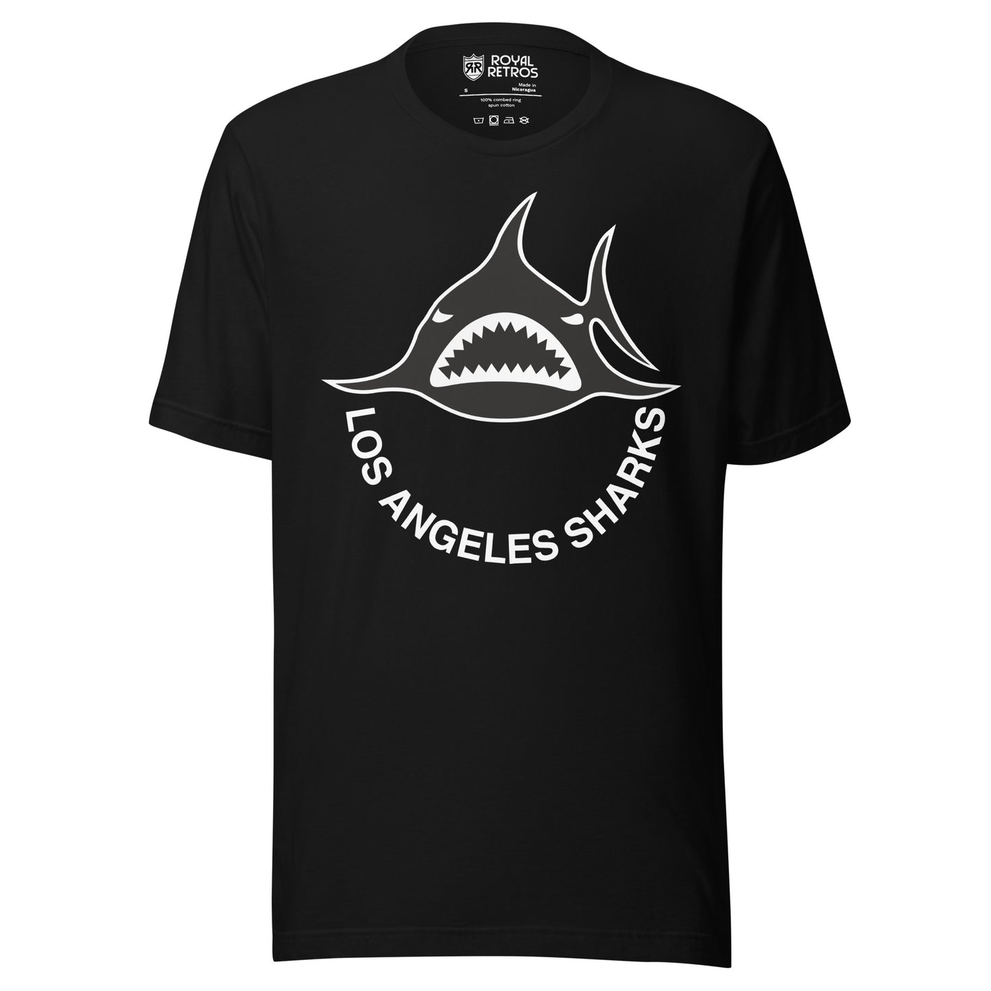 Los Angeles Sharks. WHA T-shirt. Black. Black shark, straight on, with white teeth.  Los Angeles Sharks curved below in white. Royal Retros