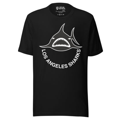 Los Angeles Sharks. WHA T-shirt. Black. Black shark, straight on, with white teeth.  Los Angeles Sharks curved below in white. Royal Retros