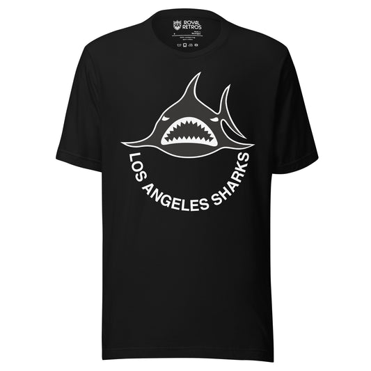 Los Angeles Sharks. WHA T-shirt. Black. Black shark, straight on, with white teeth.  Los Angeles Sharks curved below in white. Royal Retros