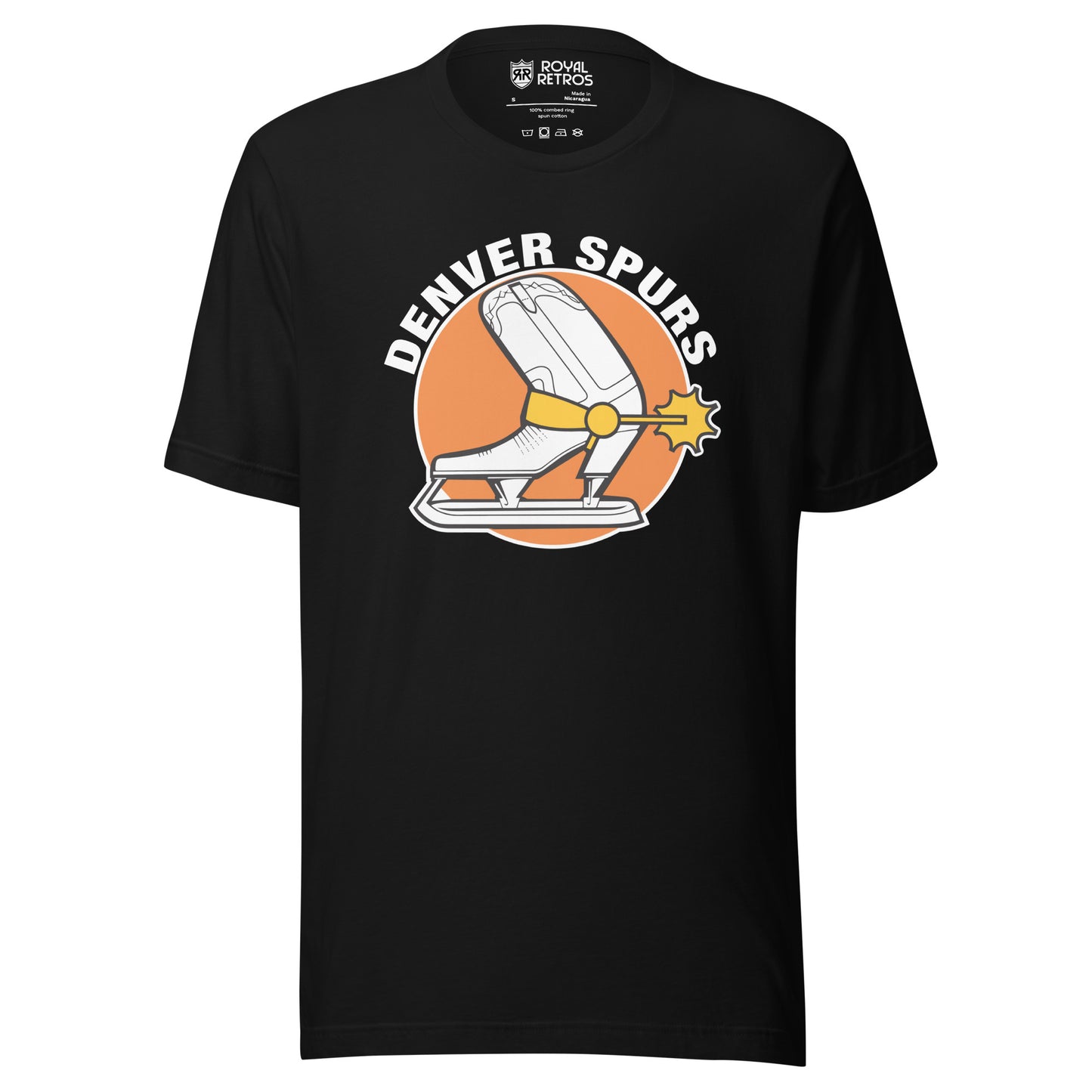 Denver Spurs WHA T-shirt. Black. Denver Spurs in white arched over orange circle. White cowboy boot facing left, coming slightly out of circle. Skate underneath. Gold buckle and spur on boot/skate. Royal Retros