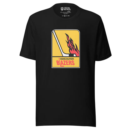 Vancouver WHA T-shirt. Black. Logo is vertical gold rectangle. Hockey stick in white facing right. Flames above the blade. Vancouver in black small above Blazers larger in red. L is a hockey stick Royal Retros