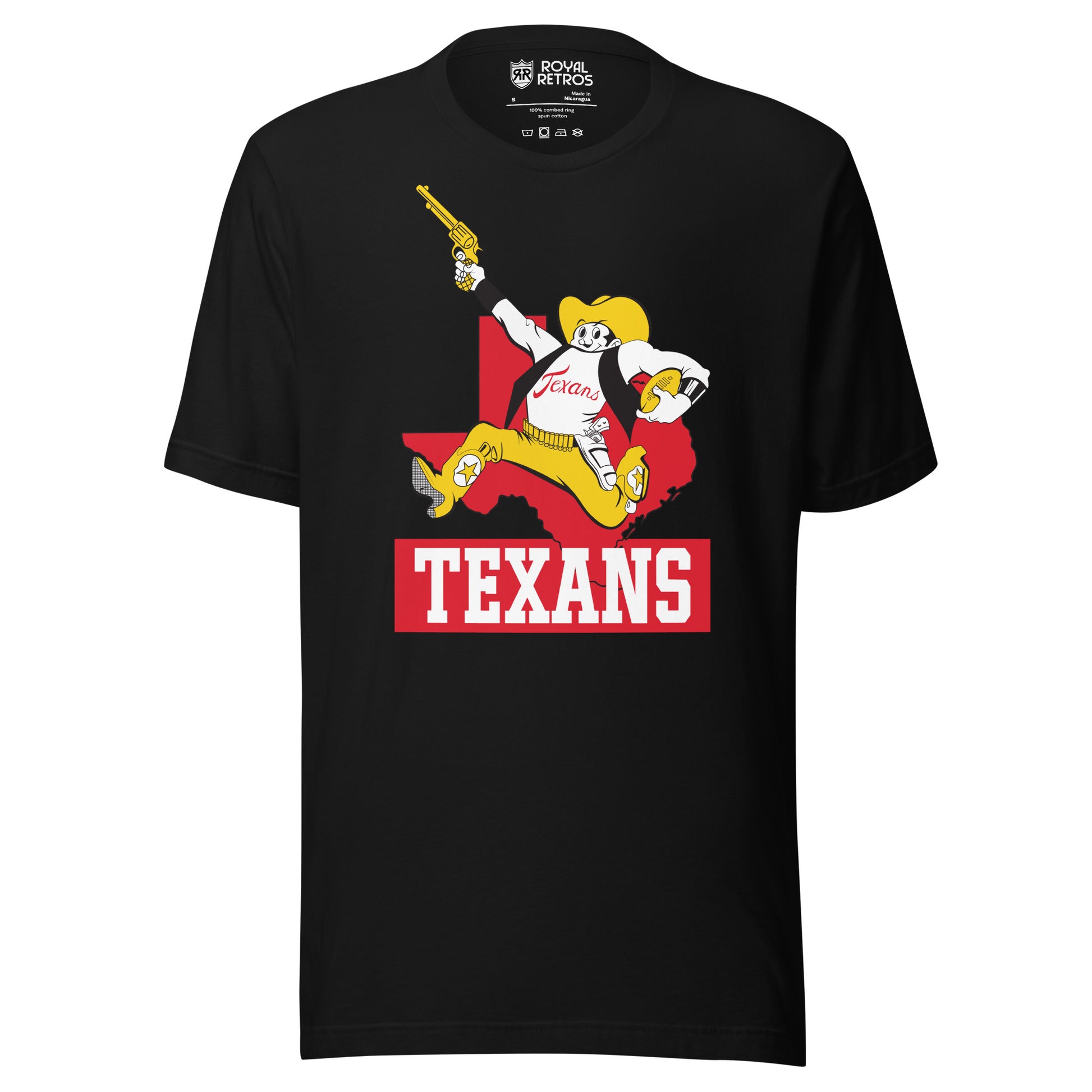 Dallas Texans AFL T-shirt. Black. Cartoon cowboy in gold hat, white shirt, gold pants and boots, running with revolver in right hand football under left arm. Red outline of Texas behind. Texans in white on red rectangle. Royal Retros.
