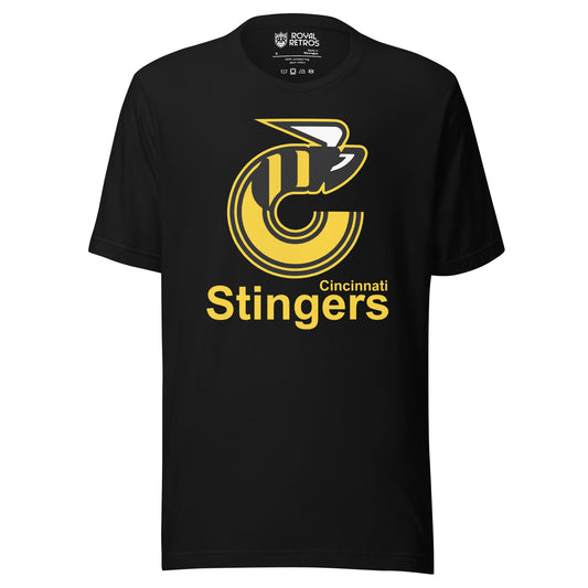 Cincinnati Stingers Black T-shirt Black. Logo consists of the depiction of a bee in the shape of the letter "C". To the right and below the bee depiction is the literal element "CINCINNATI". The literal element "STINGERS" appears below "CINCINNATI". Royal Retros