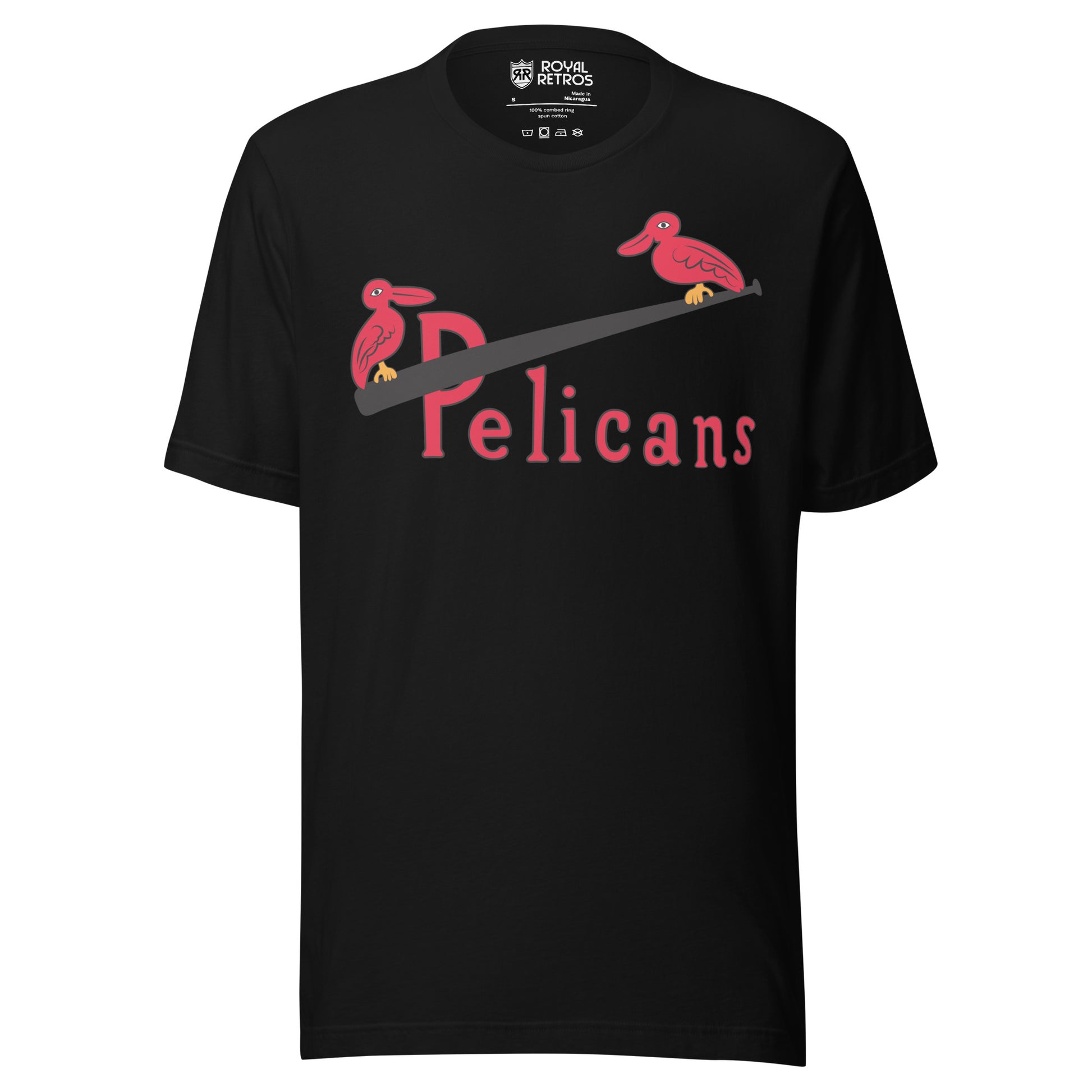 New Orleans Pelicans T-shirt black. Pelicans in red across chest. Bat going through P with red pelicans sitting on either end. Royal Retros