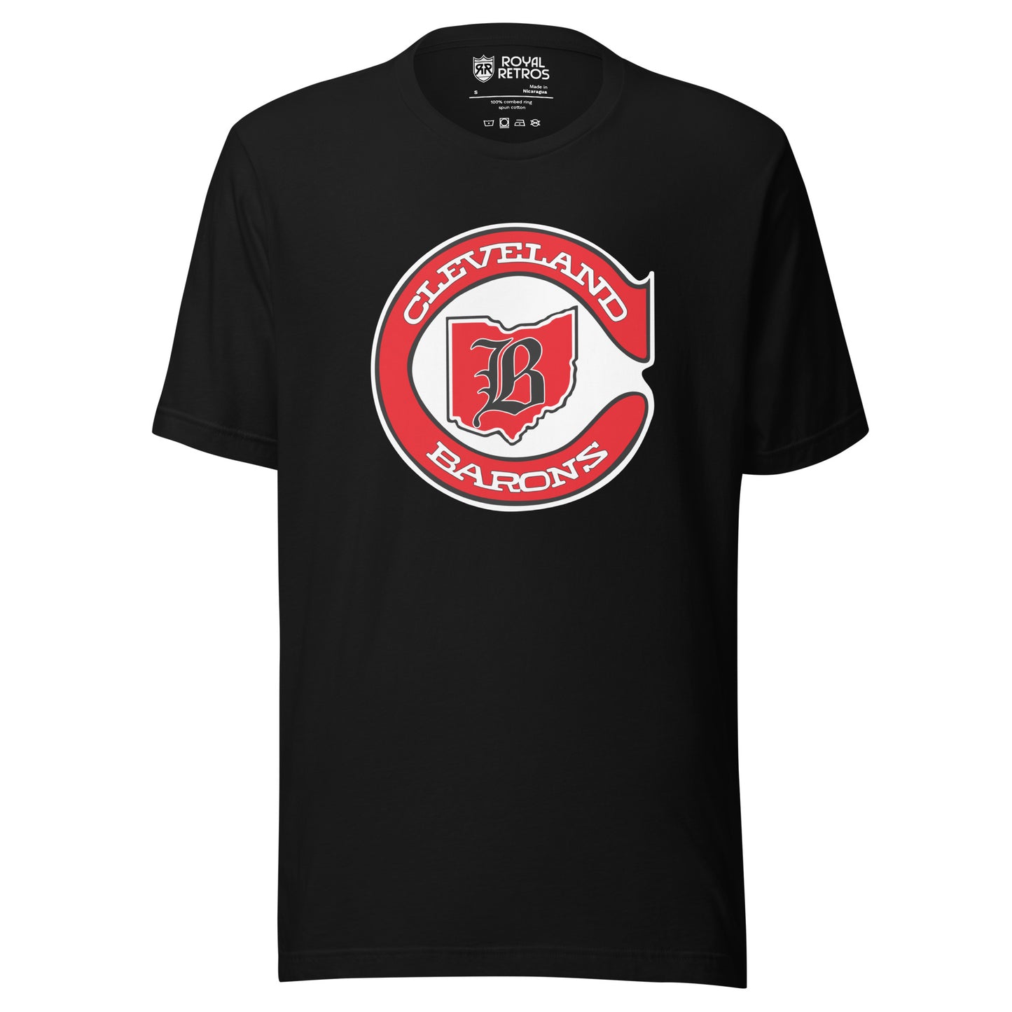 Cleveland Barons 1976 hockey T-shirt. Black. Red C with Cleveland in white inside top of C, Barons in white in lower part of C. Inside C is Ohio background in red with B in old English typeface overtop. White background inside. Royal Retros