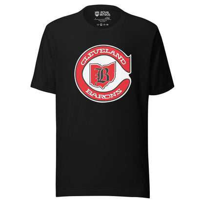 Cleveland Barons 1976 hockey T-shirt. Black. Red C with Cleveland in white inside top of C, Barons in white in lower part of C. Inside C is Ohio background in red with B in old English typeface overtop. White background inside. Royal Retros