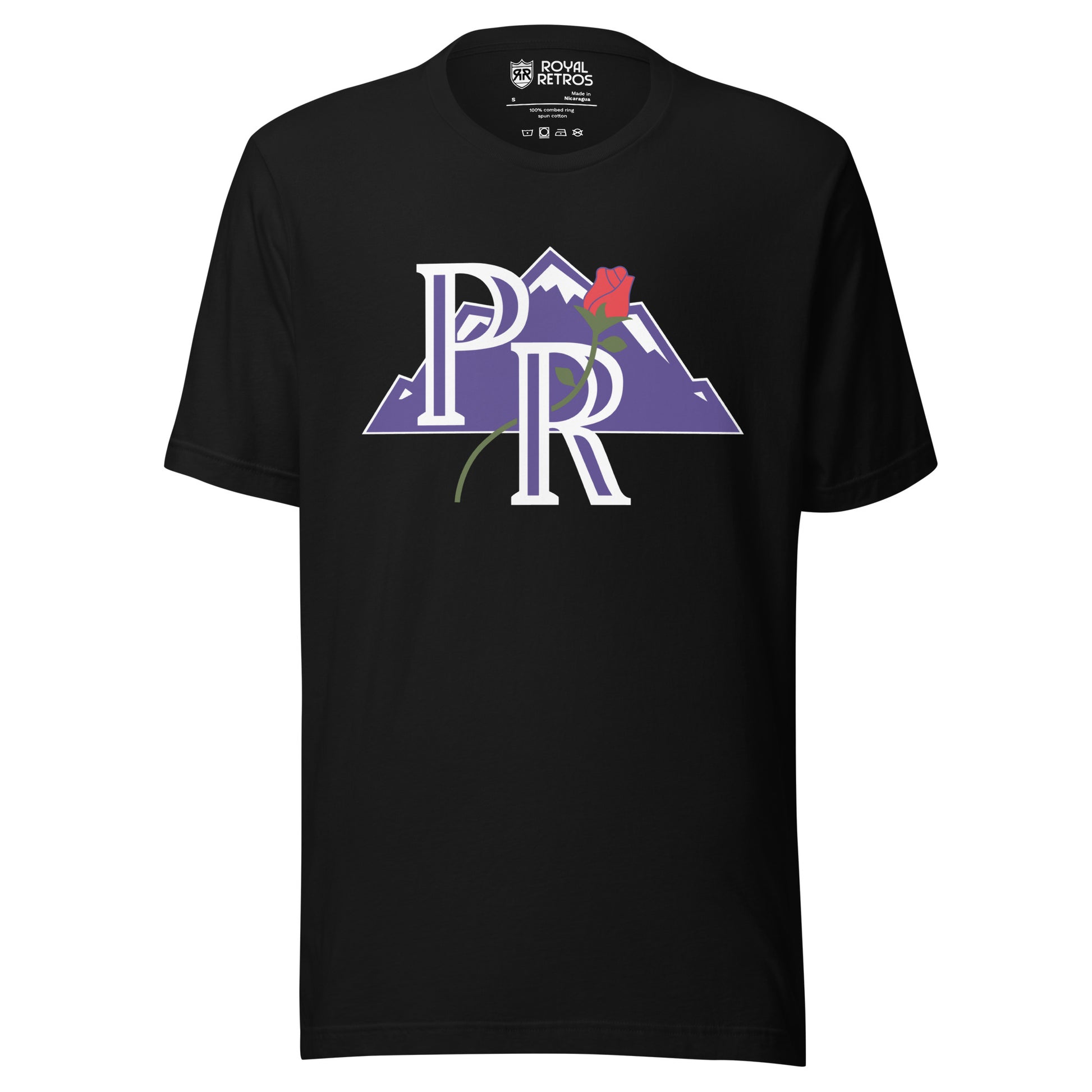Portland Rockies baseball T-shirt black. Purple PR outlined in white over purple mountain with white caps/ Rose going through top of Royal Retros