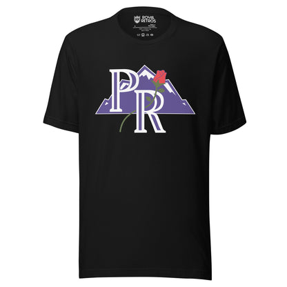 Portland Rockies baseball T-shirt black. Purple PR outlined in white over purple mountain with white caps/ Rose going through top of Royal Retros