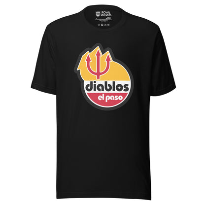El Paso Diablos baseball T-shirt. Black. Diablos logo with red pitchfork on gold background. Diablos lowercase black on white background in Bauhaus typeface above el paso lowercase in white on red background in Bauhaus typeface. Royal Retros