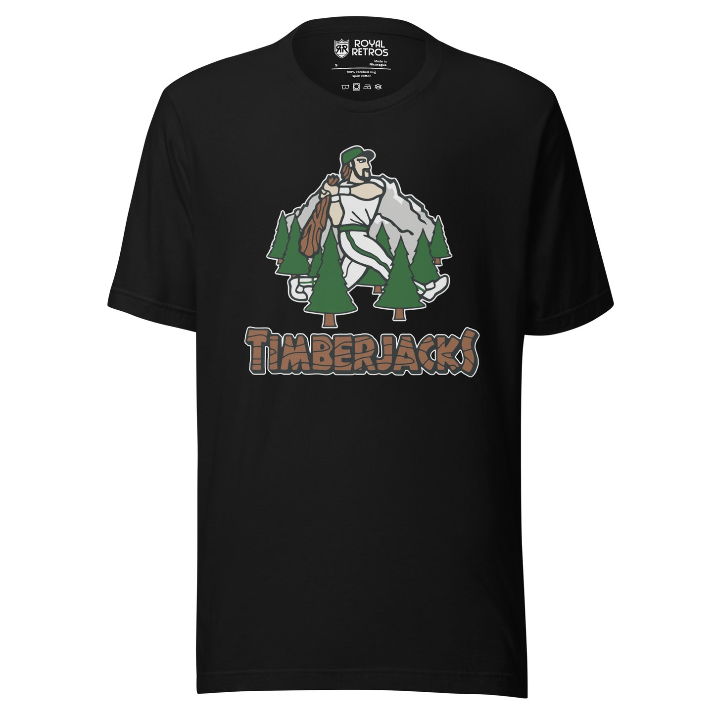 Southern Oregon Timberjacks baseball T-shirt. Black. Mountain with lumberjack walking and swinging bat surrounded by 7 evergreen trees. Timberacks in log/timber typeface below. Royal Retros