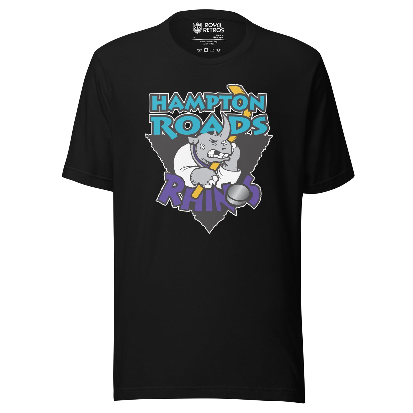 Black Hampton Roads Rhinos T-Shirt featuring a cartoon rhino design. Ryal Retros