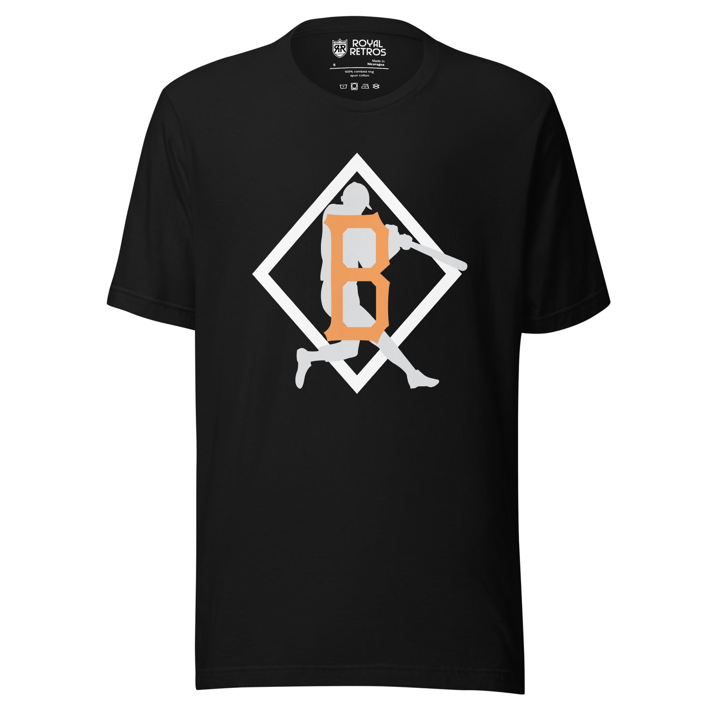 Bellingham Giants T-shirt black. White diamond. Gray player over top silhouette swinging bat. Orange B over top. Royal Retros.  