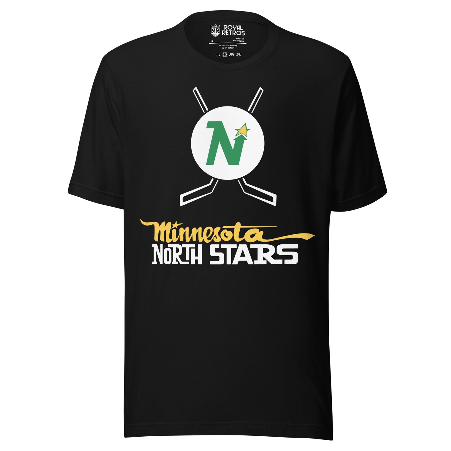 Minnesota North Stars hockey T-shirt black. White circle with green N with gold star on right top of letter. Hockey sticks crossed behind circle. Minnesota in gold above North Stars in white below logo. Royal Retros