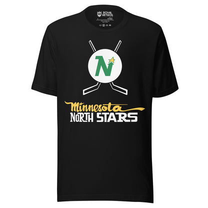 Minnesota North Stars hockey T-shirt black. White circle with green N with gold star on right top of letter. Hockey sticks crossed behind circle. Minnesota in gold above North Stars in white below logo. Royal Retros