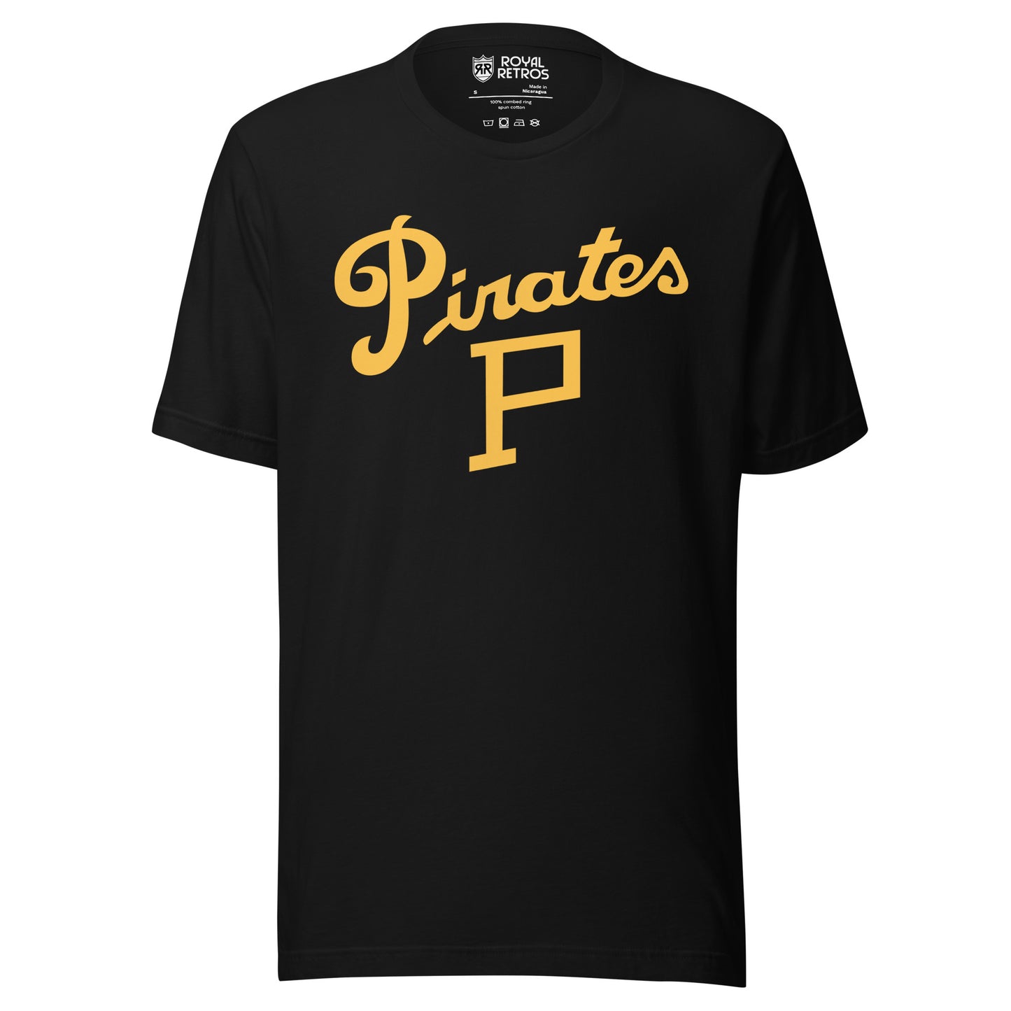 Pittsburgh Pirates Hockey T-shirt. Black. Pirates in gold script above a capital P. Royal Retros