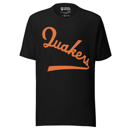 Philadelphia Quakers hockey T-shirt. Black. Quakers in orange script diagonal down left to right, with tail coming off S. Royal Retros