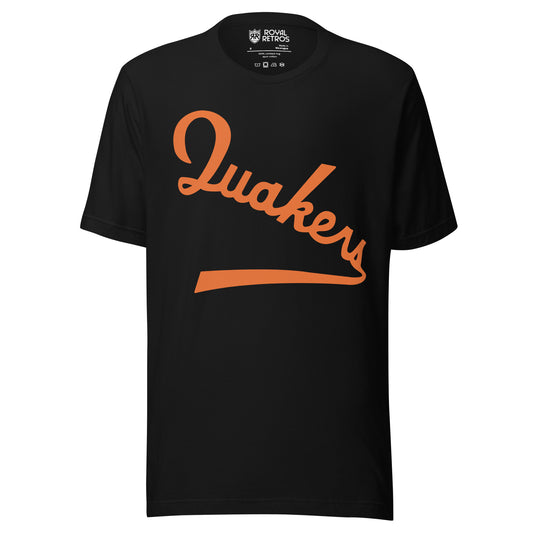 Philadelphia Quakers hockey T-shirt. Black. Quakers in orange script diagonal down left to right, with tail coming off S. Royal Retros