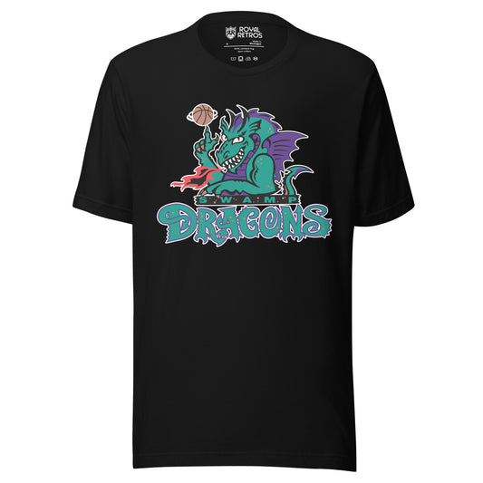 New Jersey Swamp Dragons T-Shirt black. Dragon spinning a basketball with DRAGONS wordmark underneath. Royal Retros