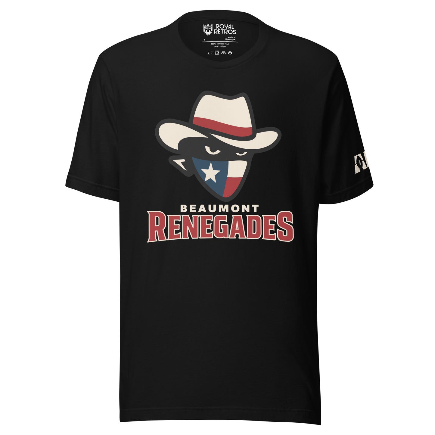 Beaumont Renegades T-shirt. Black. Bandit face with white cowboy hat with red band. Dark face with white eyes. Bandana of Texas flag, white star on blue field on left, white and red band on right. Beaumont on white below small above Renegades large in red with white outline. Royal Retros.