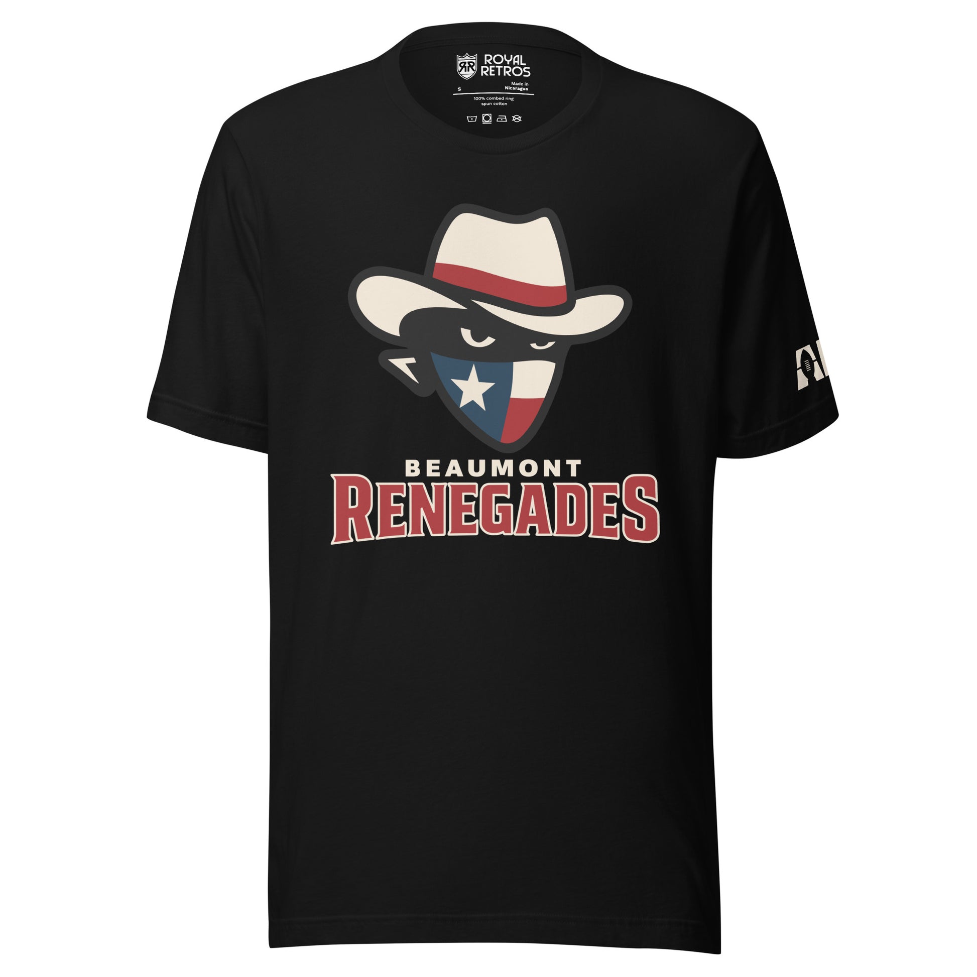 Beaumont Renegades T-shirt. Black. Bandit face with white cowboy hat with red band. Dark face with white eyes. Bandana of Texas flag, white star on blue field on left, white and red band on right. Beaumont on white below small above Renegades large in red with white outline. Royal Retros.