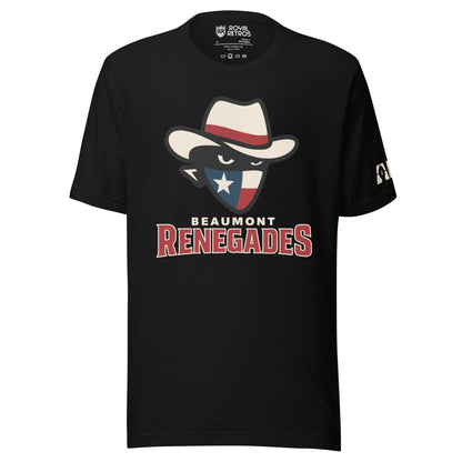 Beaumont Renegades T-shirt. Black. Bandit face with white cowboy hat with red band. Dark face with white eyes. Bandana of Texas flag, white star on blue field on left, white and red band on right. Beaumont on white below small above Renegades large in red with white outline. Royal Retros.