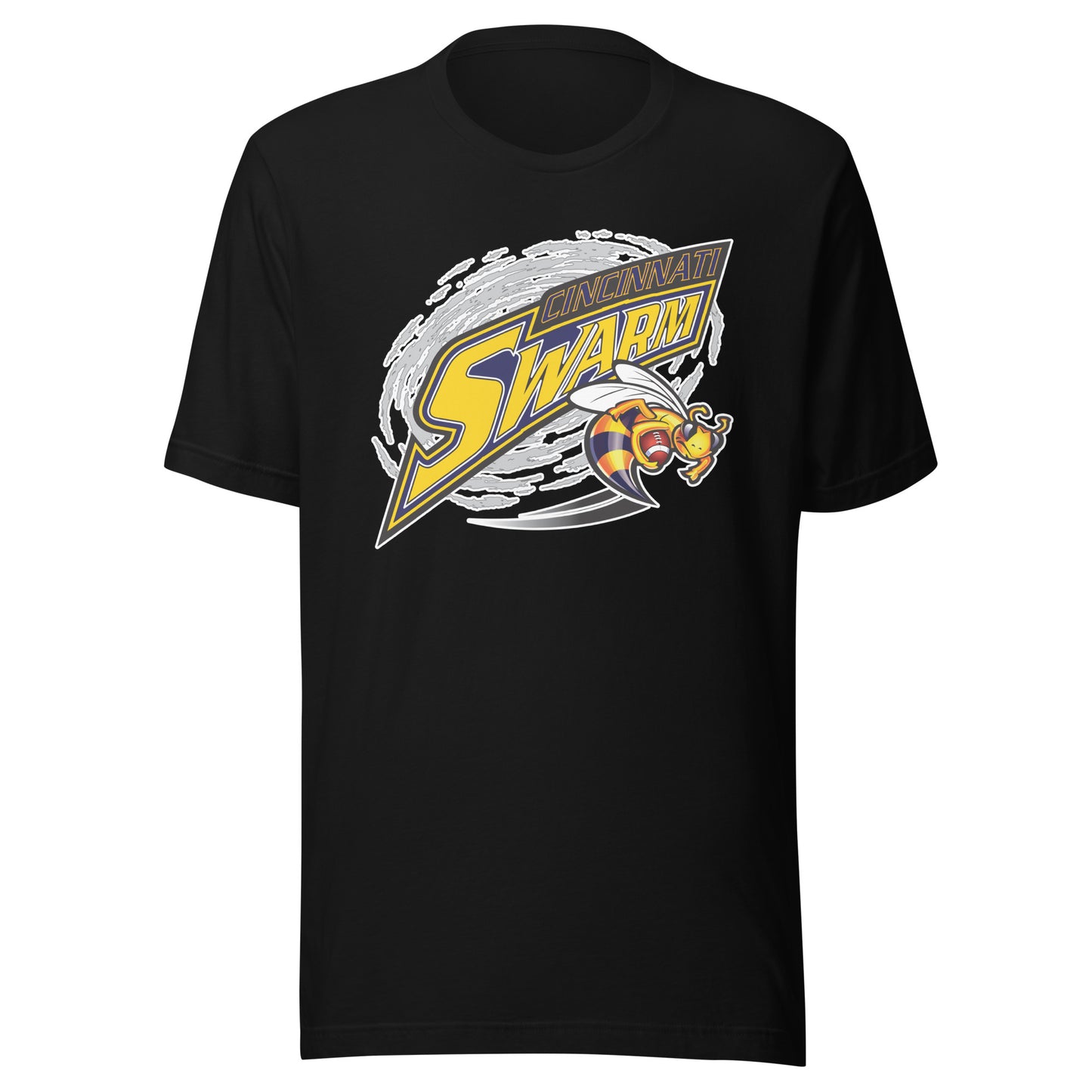 Cincinnati Swarm af2 arena football T-shirt. Black. Gray cloud. Angled word logo. Cincinnati small in blue with gold outline above large Swarm gold with blue outline. Wasp holding a football to the lower right. Royal Retros