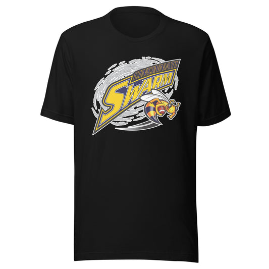 Cincinnati Swarm af2 arena football T-shirt. Black. Gray cloud. Angled word logo. Cincinnati small in blue with gold outline above large Swarm gold with blue outline. Wasp holding a football to the lower right. Royal Retros