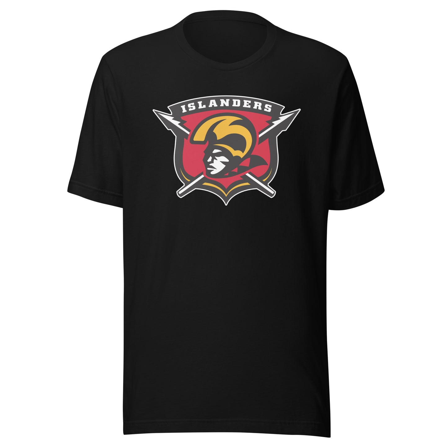 Hawaiian Islanders af2 arena football T-shirt. Black. Shield. Islanders in white at top of shield. Red inside. Spears protruding from left and right of shield. Warrior head with gold headgear facing left. Royal Retros