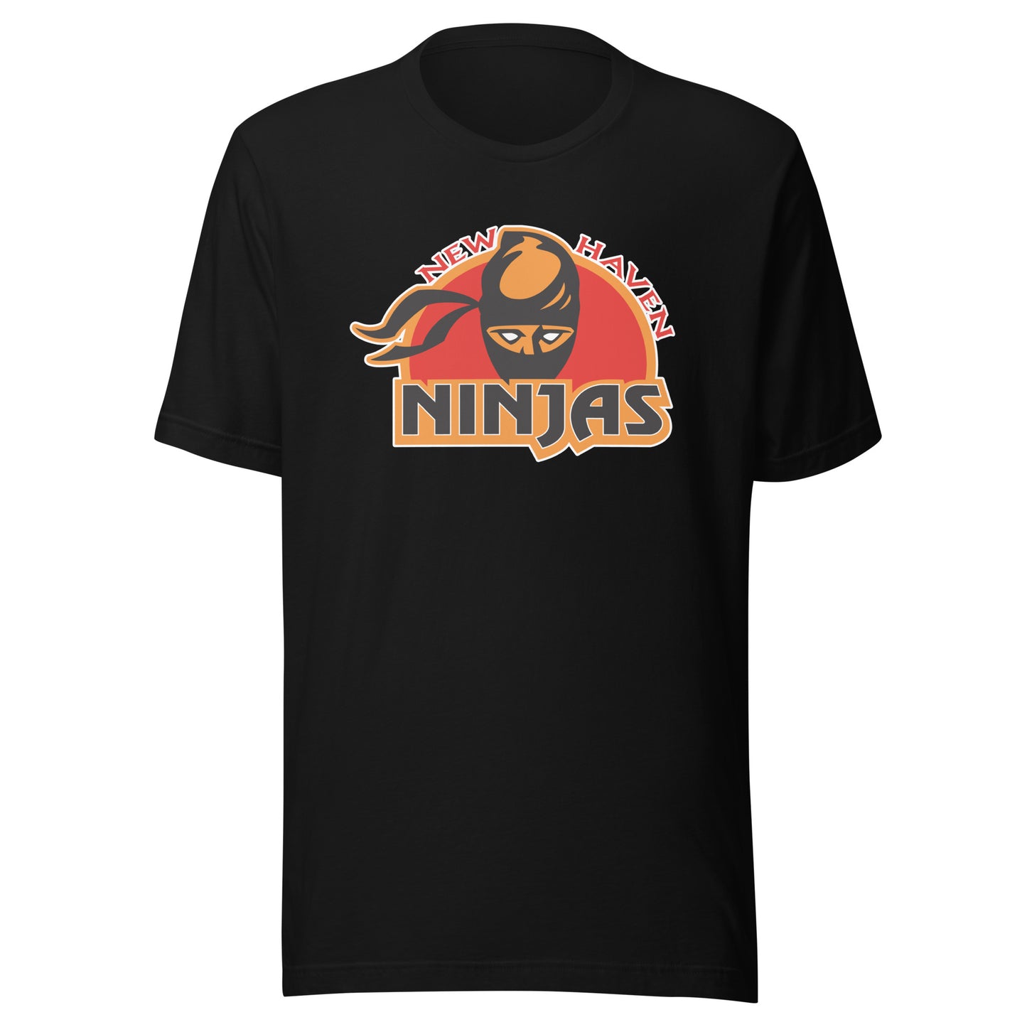 New Haven Ninjas af2 arena football T-shirt. Black.  New Haven in red separated by ninja head over red field. Ninjas in black below. Royal Retros.