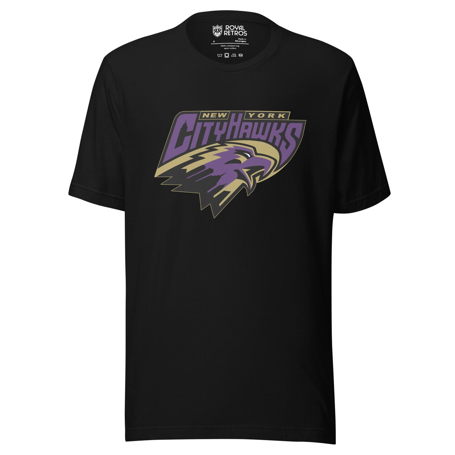 New York CityHawks Arena Football League T-shirt. Black. New York in small in gold above CityHawks large in purple. Tan, black, and purple hawk's head facing right below. Royal Retros