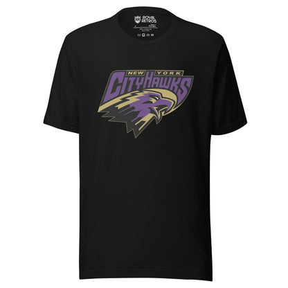 New York CityHawks Arena Football League T-shirt. Black. New York in small in gold above CityHawks large in purple. Tan, black, and purple hawk's head facing right below. Royal Retros
