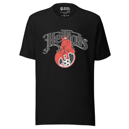 Hartford Hellions Major Indoor Soccer League MISL T-shirt. Black. Stylized Hellions in black above red beast over small soccer ball. Royal Retros.