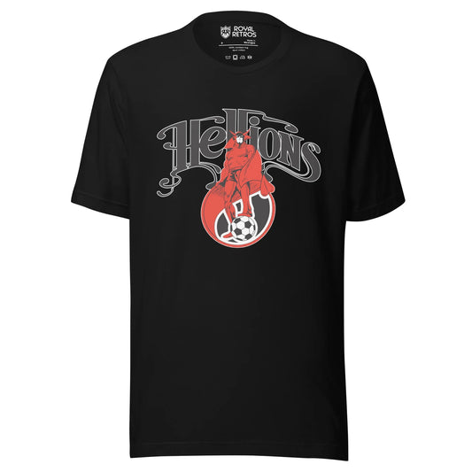 Hartford Hellions Major Indoor Soccer League MISL T-shirt. Black. Stylized Hellions in black above red beast over small soccer ball. Royal Retros.