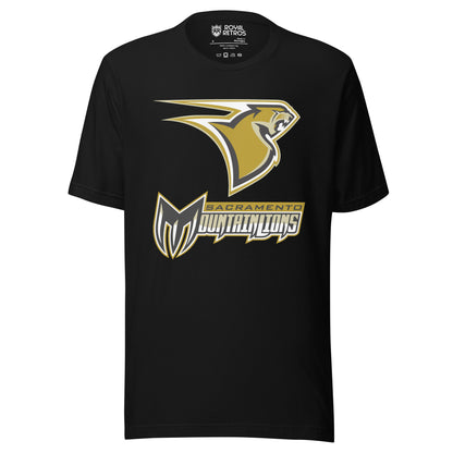 Sacramento Mountain Lions. UFL-2009 T-shirt. Black. Stylized mountain lion head facing left. Lion is gold with black, gray, and white, trim with gold and white steaks off to the left. Sacramento small in black n gold banner above large stylized Mountain Lions in silver with gold and white trim. M is black and shaped like a claw, with silver scratch marks in the fingers. Royal Retros