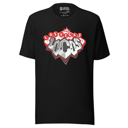 Las Vegas Locomotives UFL-2009 T-shirt black. Diamond shaped logo with red trim features Las Vegas spelled out in white letters on red circles across top. Silver star at very top of diamond. Locos in silver, letters form a cow-catcher at bottom of diamond. Royal Retros