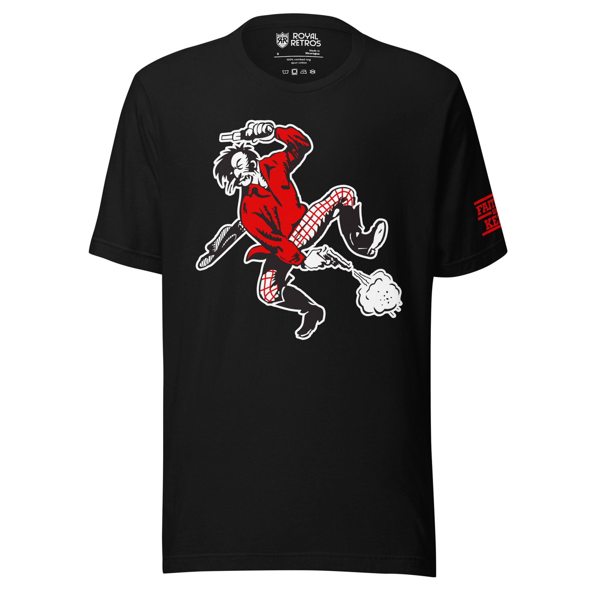 San  Francisco AAFC T-shirt. Black. Prospector jumping to left. Shooting revolver with left hand over head, shooting a revolver with right hand down between legs. Wearing red shirt, red & white checkered pants. Cowboy hat falling off to the left. Royal Retros
