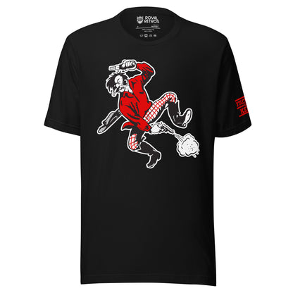 San  Francisco AAFC T-shirt. Black. Prospector jumping to left. Shooting revolver with left hand over head, shooting a revolver with right hand down between legs. Wearing red shirt, red & white checkered pants. Cowboy hat falling off to the left. Royal Retros
