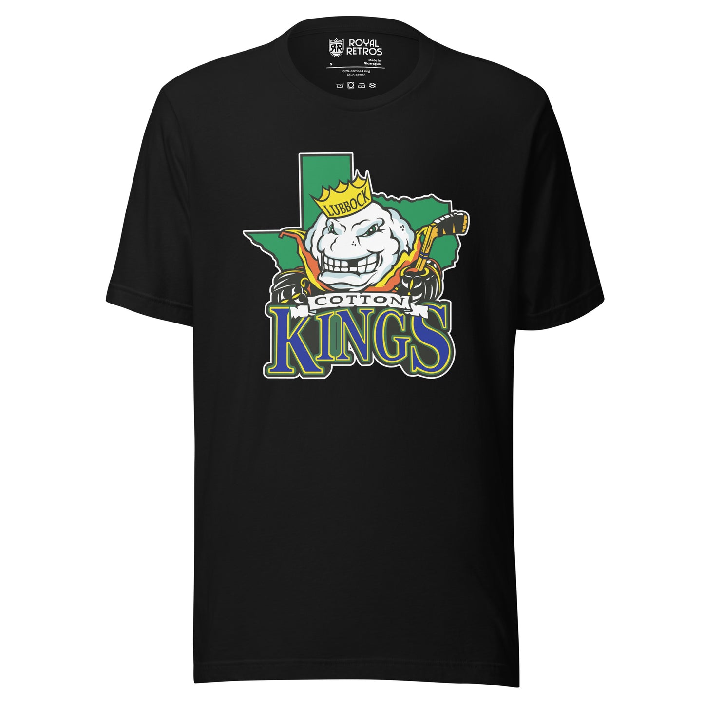 Lubbock Cotton Kings hockey T-shirt. Black. Green Texas background. Anthropomorphized cotton ball, with a menacing look over Texas. Cotton in black on white ribbon small above KINGS large in blue with green trim below. Royal Retros