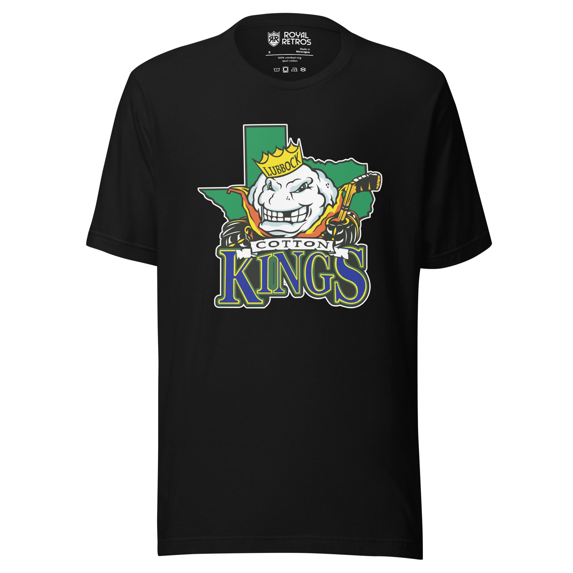 Lubbock Cotton Kings hockey T-shirt. Black. Green Texas background. Anthropomorphized cotton ball, with a menacing look over Texas. Cotton in black on white ribbon small above KINGS large in blue with green trim below. Royal Retros