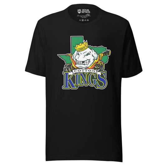 Lubbock Cotton Kings hockey T-shirt. Black. Green Texas background. Anthropomorphized cotton ball, with a menacing look over Texas. Cotton in black on white ribbon small above KINGS large in blue with green trim below. Royal Retros