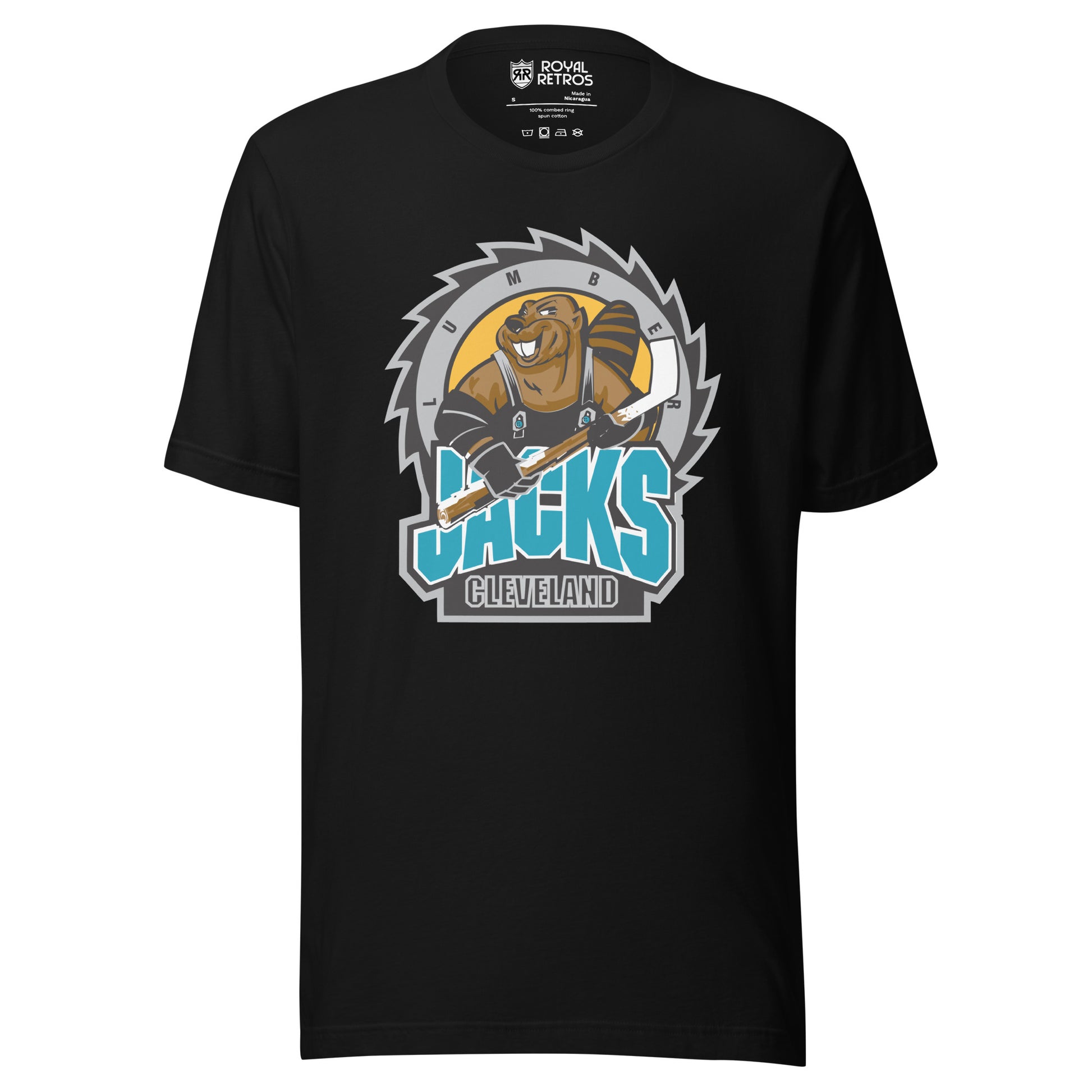 Cleveland Lumberjacks hockey -shirt IHL. Black. Buzzsaw blade with black teeth, silver edge, gold background. Cartoon beaver holding hockey stick. JACKS large in teal below. Cleveland in white outline on black background below that. Royal Retros. 