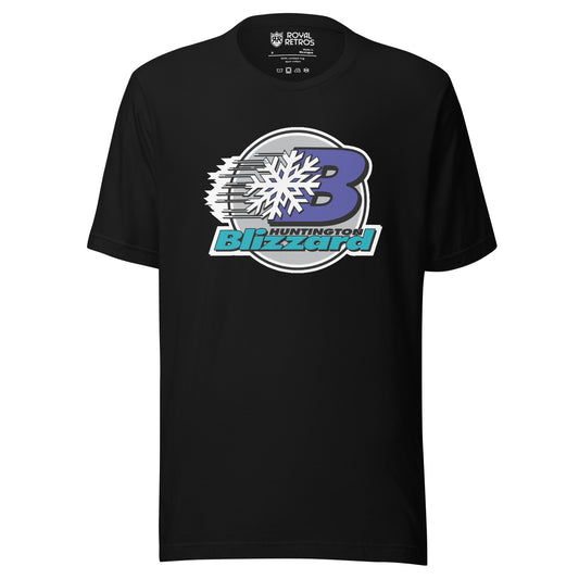 Huntington Blizzard hocket T-shirt. Black. Black circle with white trim silver background. Purple B slightly to the right with black swish marks going to the left. White snowflake on top in middle. HUNTINGTON in black to the lower right but still inside circle. BLIZZARD in aqua across the bottom, sticking out from the circle. Royal Retros