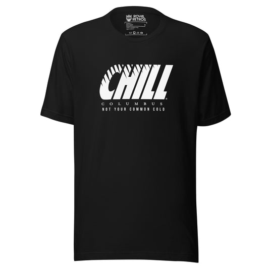 Columbus Chill Not Your Common Cold ECHL T-shirt. Black. CHILL in white, angled. Jagged b inserts across top of letters, diminishing to the right. COLUMBUS in black, small below. NOT YOUR COMMON COLD evenly sized below that. Royal Retros