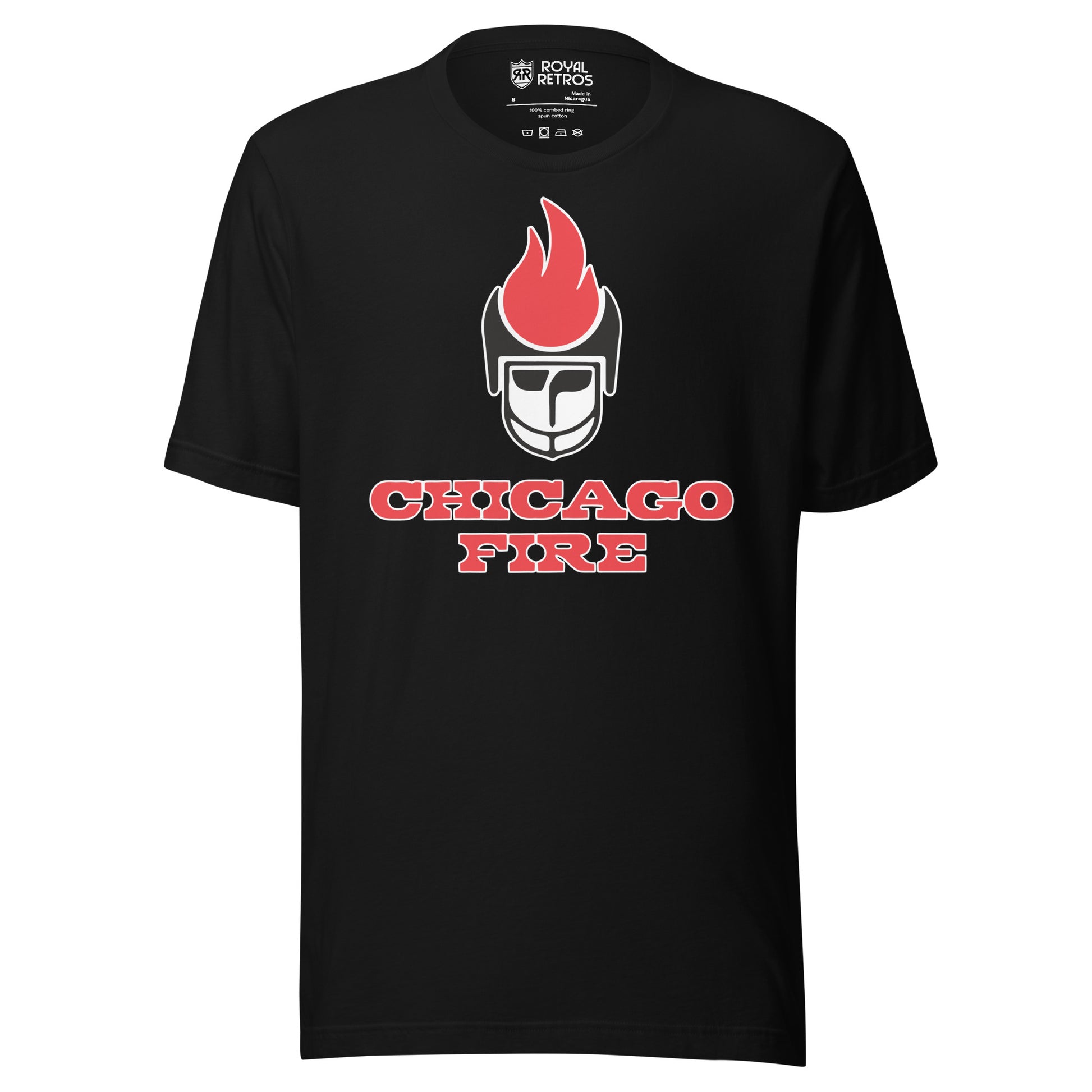 Chicago Fire World Football League T-shirt. Black. Stylized player face with black helmet. Red flame on top of helmet. Chicago in red with white outline, Fire below that in red with white outline. Royal Retros