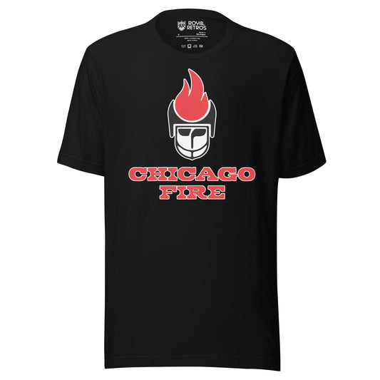 Chicago Fire World Football League T-shirt. Black. Stylized player face with black helmet. Red flame on top of helmet. Chicago in red with white outline, Fire below that in red with white outline. Royal Retros