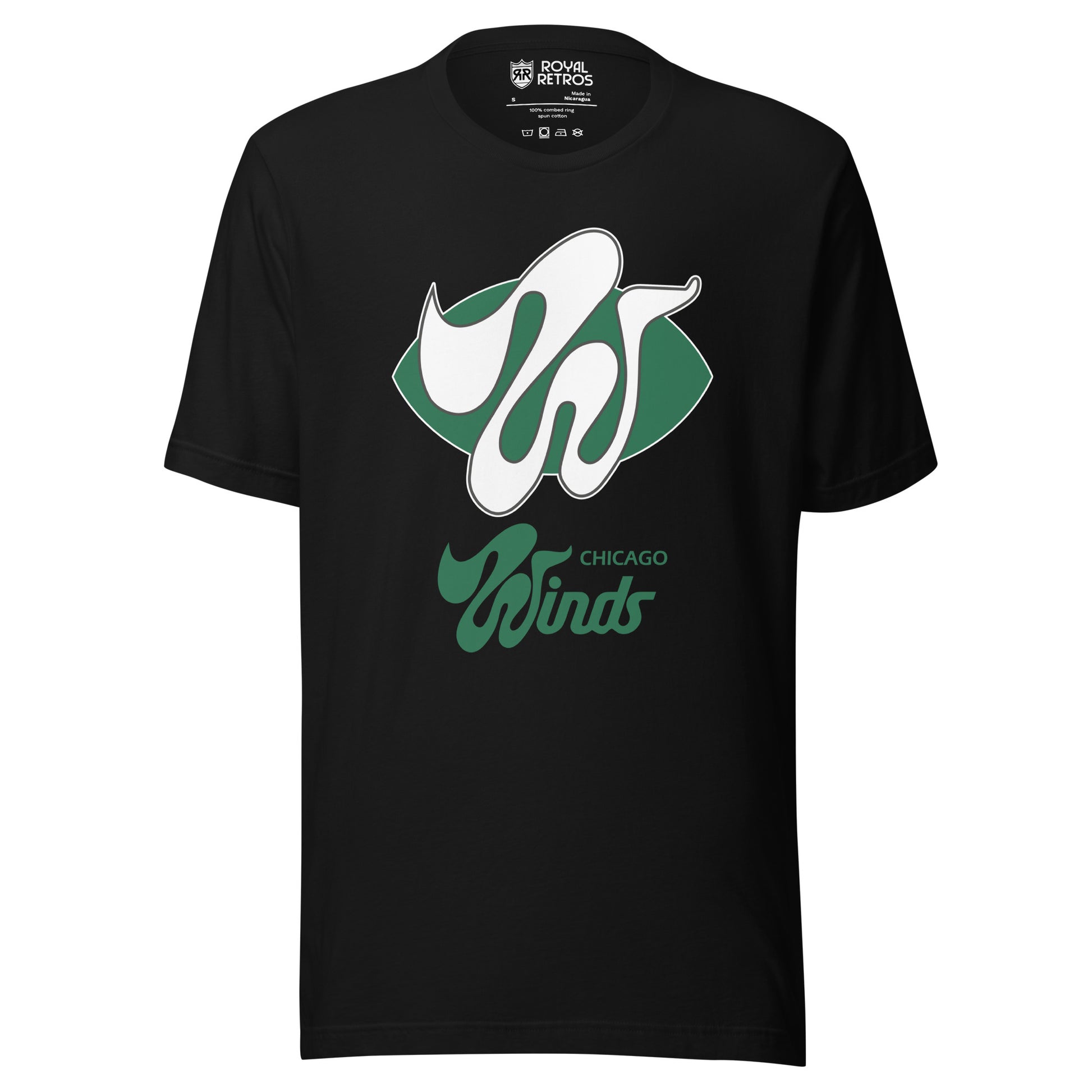 The Chicago Winds World Football League T-shirt. Black. Green football shape with wildly stylized large white W over top. Chicago small in green below right. Winds larger below centered in green. Royal Retros