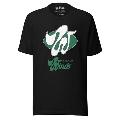 The Chicago Winds World Football League T-shirt. Black. Green football shape with wildly stylized large white W over top. Chicago small in green below right. Winds larger below centered in green. Royal Retros