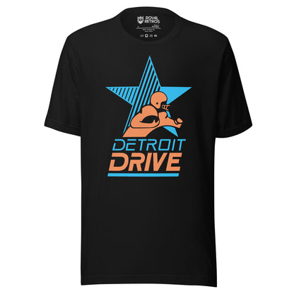 Detroit Drive Arena Football League T-shirt Black. Blue star, half of which is stripes. Stylized player from waist up running to the right with football. Detroit in blue below, DRIVE in orange centered below that, underlined in blue. Royal Retros