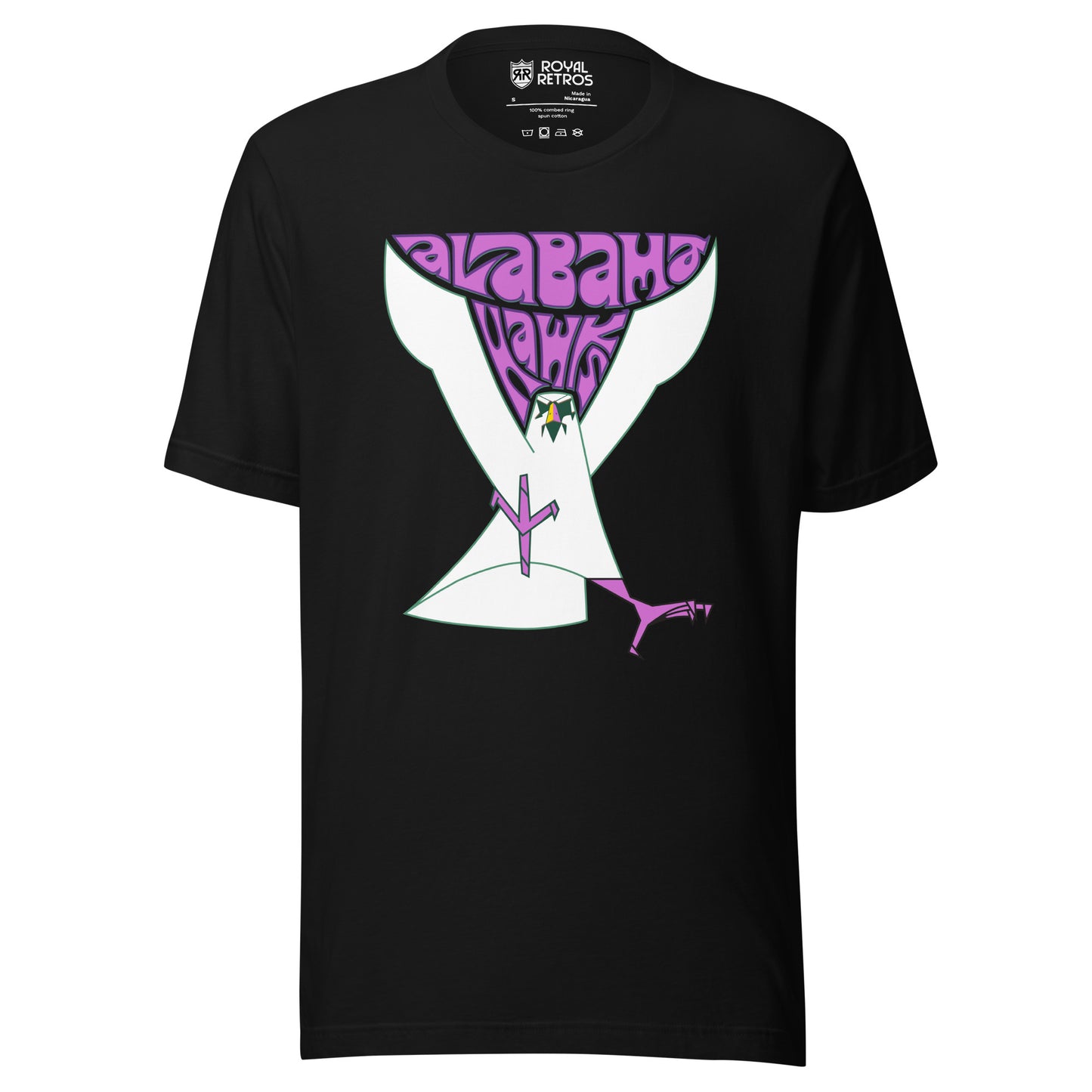 Alabama Hawks football T-shirt. Black. Alabama in 70s-style font, purple with Hawks below, nestled between the wings of a large simplified Hawk coming at viewer with purple talons. Royal Retros